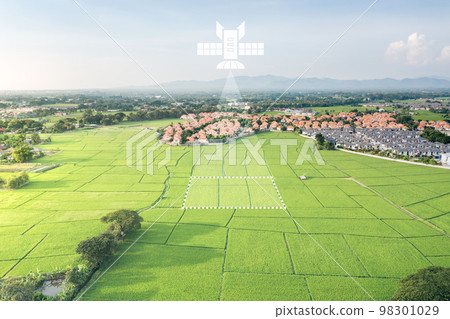 Land, house, residential area and satellite in aerial view.  98301029