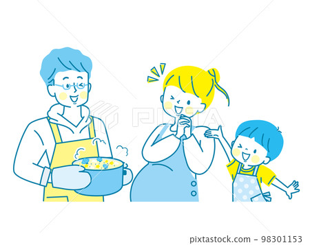 Illustration of parent and child cooking for pregnant mom 98301153