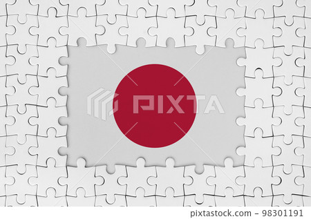 Japan flag in frame of white puzzle pieces with missing central part Japan flag in frame of white puzzle pieces with missing central part 98301191