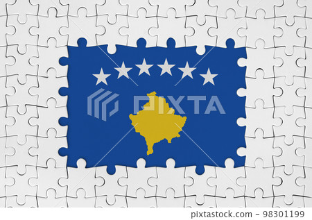 Kosovo flag in frame of white puzzle pieces with missing central part Kosovo flag in frame of white puzzle pieces with missing central part 98301199