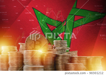 Morocco flag and big amount of golden bitcoin coins and trading platform chart. Crypto currency 98301212