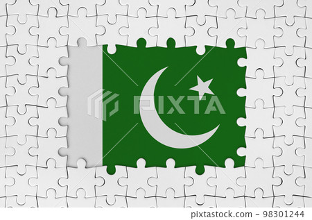 Pakistan flag in frame of white puzzle pieces with missing central part 98301244