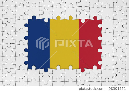 Romania flag in frame of white puzzle pieces with missing central part Romania flag in frame of white puzzle pieces with missing central part 98301251