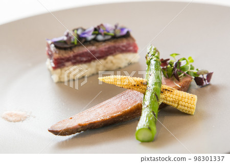 French course main beef steak topped with truffle stylish presentation stock image 98301337