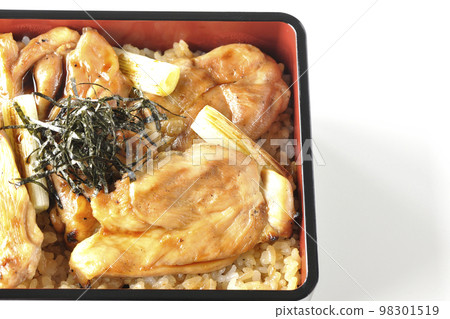 白色背景上的烤長蔥和帶有大量醬汁的烤雞肉串的鳥瞰圖 98301519