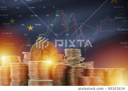 Alaska US state flag and big amount of golden bitcoin coins and trading platform chart. Crypto currency 98301634