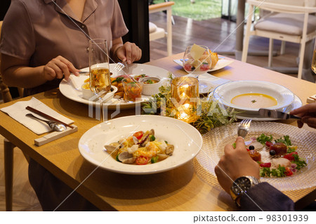 Image image of men and women eating at a stylish restaurant Material for couple dating 98301939
