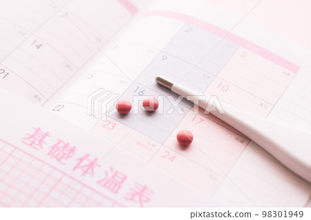 基礎體溫表、溫度計和藥片圖片素材 98301949