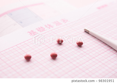 基礎體溫表、溫度計和藥片圖片素材 98301951
