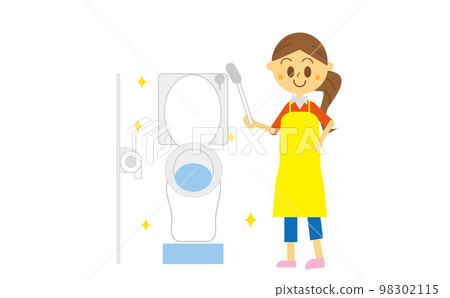 一個女人打掃廁所並使它閃閃發亮的插圖，房屋清潔，家務，母親，家務中介 98302115