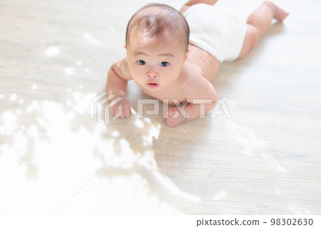 Baby lying face down Tummy time Baby with neck sitting 4 months old 98302630