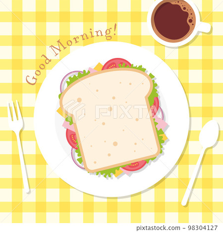 放在格子桌布上的三明治，咖啡背景圖 98304127