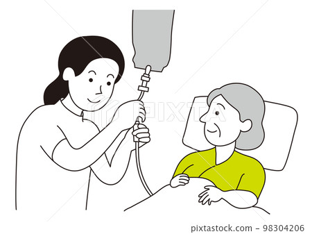 A female nurse preparing an intravenous drip for an elderly female patient 98304206