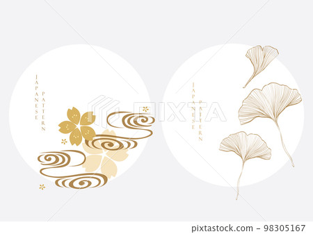 Ginkgo leaves and cherry blossom flower with hand drawn wave illustration in vintage style. Gold floral pattern in vintage style. Oriental flora banner design. Ginkgo leaves and cherry blossom flower with hand drawn wave illustration in vintage style. Gold floral pattern in vintage style. Oriental flora banner design. 98305167