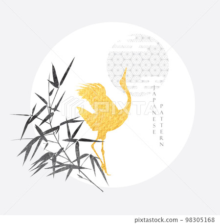 Chinese decorations with gold and black watercolor texture in vintage style. Crane birds with Abstract art landscape background. Geometric pattern elements with bamboo leaves 98305168