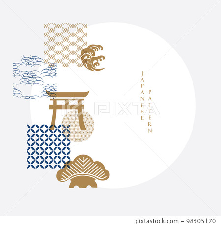 Abstract landscape with Japanese wave pattern vector banner. Nature art background with bamboo and bonsai tree invitation card template in vintage style. Asian traditional icon and symbol design. Abstract landscape with Japanese wave pattern vector banner. Nature art background with bamboo and bonsai tree invitation card template in vintage style. Asian traditional icon and symbol design. 98305170