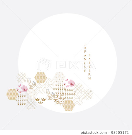 Abstract art template with geometric pattern in Japanese style. Mountain layout design in Asian style. Invitation banner design. Cherry blossom flower element with line pattern. 98305171