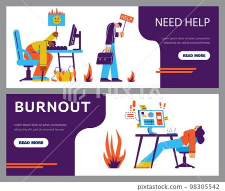Burnout banners or flyers with office employees, flat vector illustration. Burnout banners or flyers with office employees, flat vector illustration. 98305542