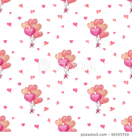 Watercolor seamless pattern of balloons, hearts isolated on white background. Design idea for postcard, poster, scrapbooking, invitations, background, prints, wallpaper, fabric, textile, wrapping. 98305550