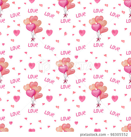 Watercolor seamless pattern of balloons, hearts isolated on white background. Design idea for postcard, poster, scrapbooking, invitations, background, prints, wallpaper, fabric, textile, wrapping. 98305552