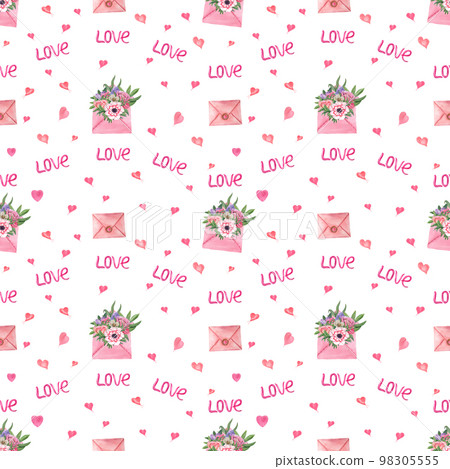 Watercolor seamless pattern of romantic decorative elements. For postcard, poster, scrapbooking, invitations, background, prints, wallpaper, fabric, textile, wrapping. 98305555