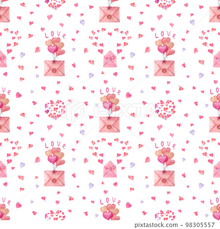 Watercolor seamless pattern of romantic decorative elements. For postcard, poster, scrapbooking, invitations, background, prints, wallpaper, fabric, textile, wrapping. 98305557