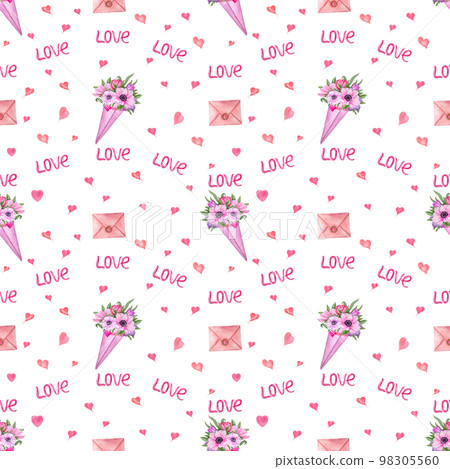 Watercolor seamless pattern of romantic decorative elements isolated on a white background. For postcard, poster, scrapbooking, invitations, background, prints, wallpaper, fabric, textile, wrapping. Watercolor seamless pattern of romantic decorative elements isolated on a white background. For postcard, poster, scrapbooking, invitations, background, prints, wallpaper, fabric, textile, wrapping. 98305560