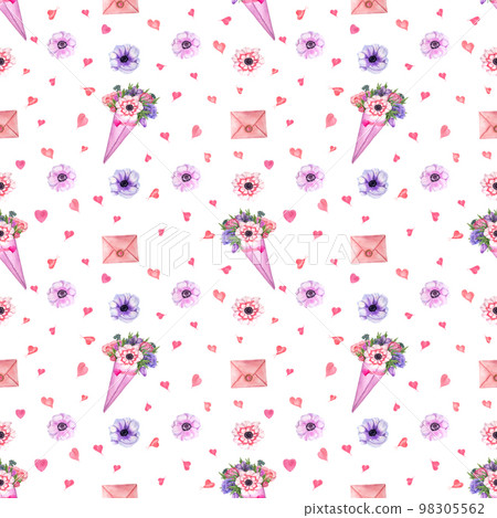 Watercolor seamless pattern of romantic decorative elements isolated on a white background. For postcard, poster, scrapbooking, invitations, background, prints, wallpaper, fabric, textile, wrapping. Watercolor seamless pattern of romantic decorative elements isolated on a white background. For postcard, poster, scrapbooking, invitations, background, prints, wallpaper, fabric, textile, wrapping. 98305562