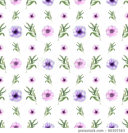 Watercolor seamless pattern of anemones with eucalyptus isolated on a white background. For Valentine day, wedding invitation, birthday, mother day cards, poster, textile, cover, print Watercolor seamless pattern of anemones with eucalyptus isolated on a white background. For Valentine day, wedding invitation, birthday, mother day cards, poster, textile, cover, print 98305563