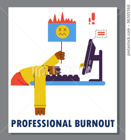 Professional burnout card or banner with tired exhausted man, flat vector. 98305568