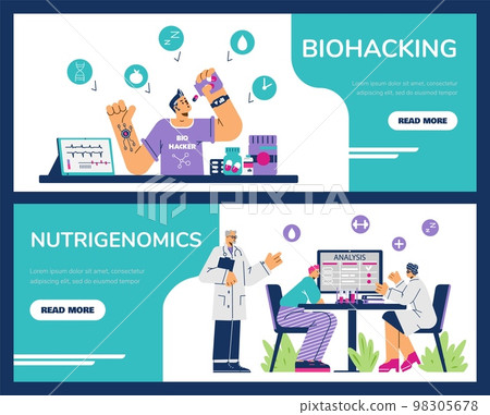 Biohacking and nutrigenomics healthcare banners or flyers set, flat vector. Biohacking and nutrigenomics healthcare banners or flyers set, flat vector. 98305678