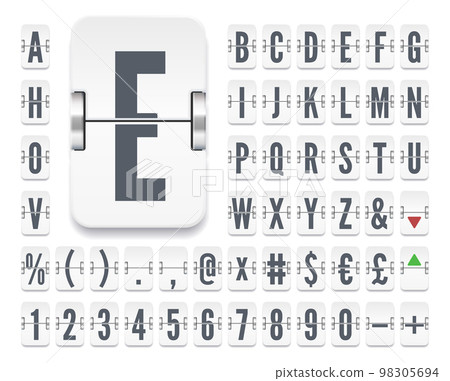 White airport mechanical flip scoreboard terminal alphabet font with numbers for stock exchange rates, financial or flight destination and departure info. Vector illustration White airport mechanical flip scoreboard terminal alphabet font with numbers for stock exchange rates, financial or flight destination and departure info. Vector illustration 98305694