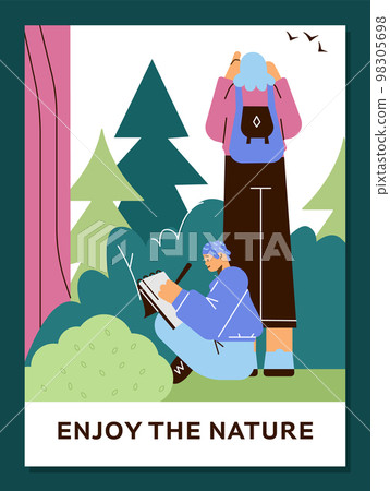Naturalists or ornithologists doing bird watching, flat vector illustration. Naturalists or ornithologists doing bird watching, flat vector illustration. 98305698