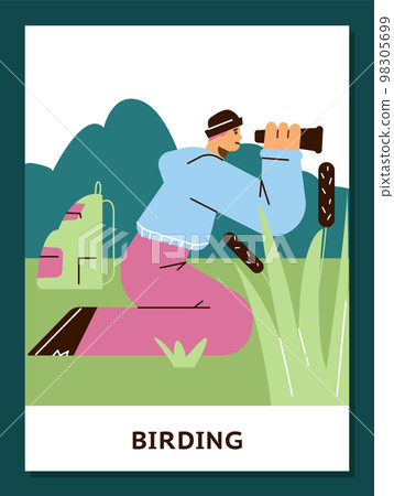 Birding or birds watching as hobby and eco activity banner, flat vector. 98305699