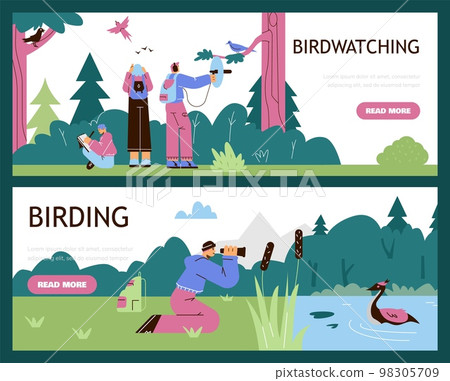 Young people watching birds, web banners set - flat vector illustration. 98305709