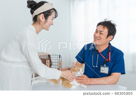 A cat being examined by a veterinarian at an animal hospital and an Asian woman who is the owner (pet, consultation, examination, medical treatment) 98305805