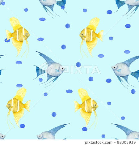 Watercolor underwater seamless pattern of blue and yellow angelfishes on white background. Print for design, background, menus, souvenirs, decor, wallpaper, fabric, textile, wrapping. Watercolor underwater seamless pattern of blue and yellow angelfishes on white background. Print for design, background, menus, souvenirs, decor, wallpaper, fabric, textile, wrapping. 98305939