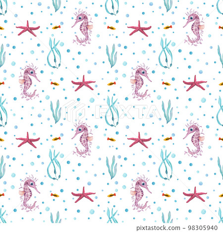 Watercolor underwater seamless pattern of seahorses, fishes, algae, starfishes on white background. Print for design, banner, background, menus, souvenirs, decor, wallpaper, fabric, textile, wrapping. Watercolor underwater seamless pattern of seahorses, fishes, algae, starfishes on white background. Print for design, banner, background, menus, souvenirs, decor, wallpaper, fabric, textile, wrapping. 98305940