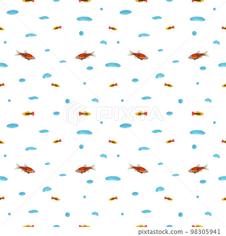 Watercolor underwater seamless pattern of neon tetra fishes on white background. Print for design, cards, background, menus, souvenirs, decor, banner, wallpaper, fabric, textile, wrapping Watercolor underwater seamless pattern of neon tetra fishes on white background. Print for design, cards, background, menus, souvenirs, decor, banner, wallpaper, fabric, textile, wrapping 98305941