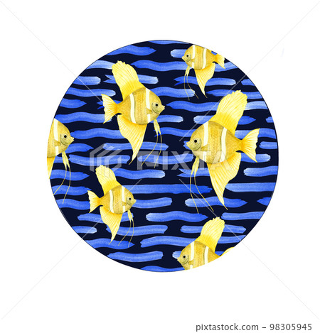 Watercolor illustration of a set of marine fauna isolated on dark background. Print, design, poster, banner, background, menus, souvenirs, decor, wallpaper, fabric, textile, wrapping. Watercolor illustration of a set of marine fauna isolated on dark background. Print, design, poster, banner, background, menus, souvenirs, decor, wallpaper, fabric, textile, wrapping. 98305945