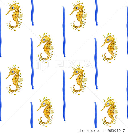 Watercolor underwater seamless pattern of seahorses on white background. Print for design, banner, background, menus, souvenirs, decor, wallpaper, fabric, textile, wrapping. Watercolor underwater seamless pattern of seahorses on white background. Print for design, banner, background, menus, souvenirs, decor, wallpaper, fabric, textile, wrapping. 98305947