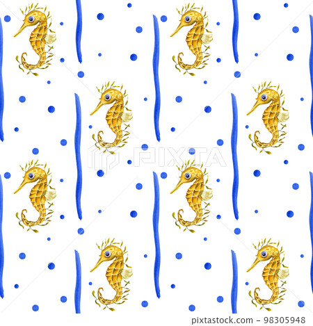 Watercolor underwater seamless pattern of seahorses on white background. Print for design, banner, background, menus, souvenirs, decor, wallpaper, fabric, textile, wrapping. Watercolor underwater seamless pattern of seahorses on white background. Print for design, banner, background, menus, souvenirs, decor, wallpaper, fabric, textile, wrapping. 98305948
