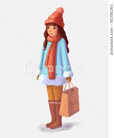 Cute girl in winter clothes is standing with purchases from bookstore. Hand drawn illustration isolated 98306263