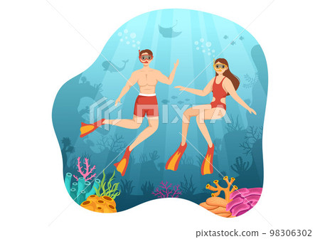 Snorkeling Illustration with Underwater Swimming Exploring Sea, Coral Reef or Fish in the Ocean for Landing Page in Cartoon Hand Drawn Templates 98306302