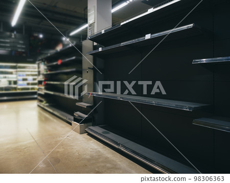Supermarket with empty shelves of product goods Emergency situation 98306363