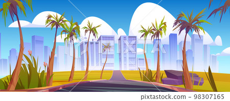 Car road to city with palm trees 98307165