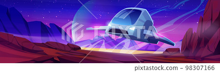 Futuristic spaceship landing at alien planet Futuristic spaceship landing at alien planet 98307166