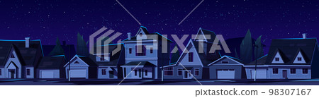Suburban town street with dark houses at night 98307167