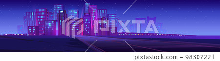 Skyline with city buildings and road at night 98307221