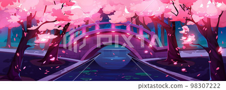 Sakura blossom and stone bridge at night 98307222